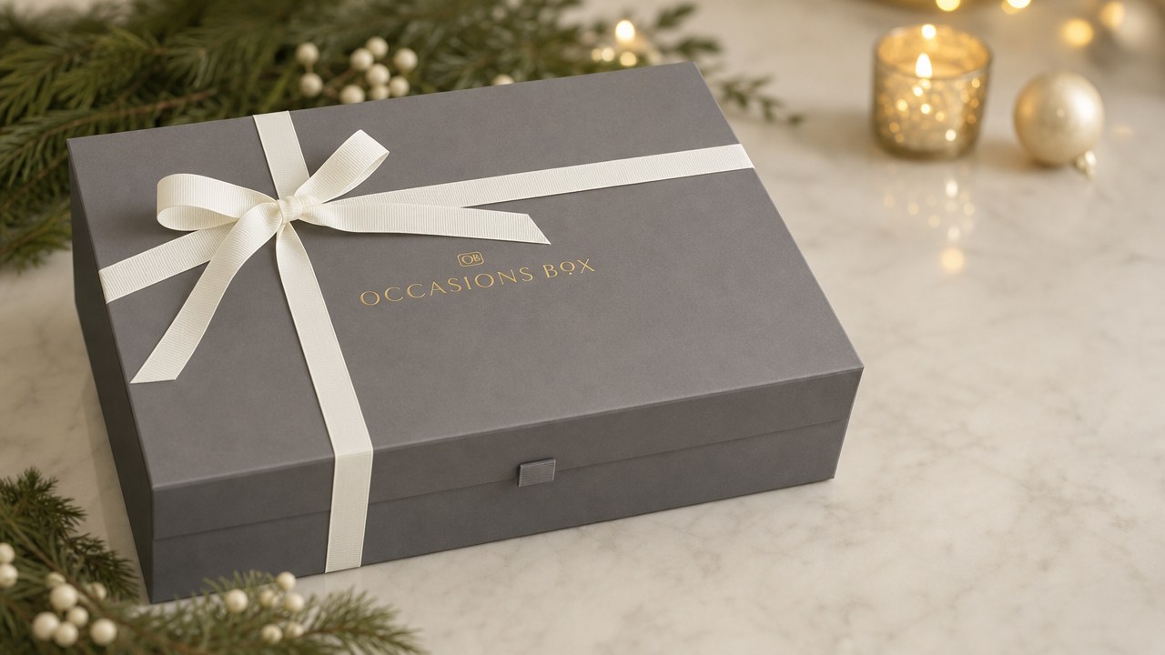 An Occasions Box gift box in warm grey with an ivory grosgrain ribbon and gold foil branding, styled with evergreen sprigs and candlelight on marble